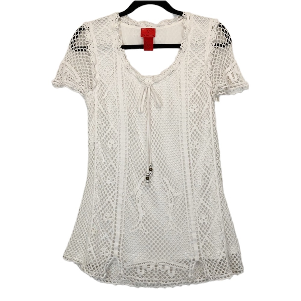 V Cristina White Crochet Short Sleeve Boho Top
